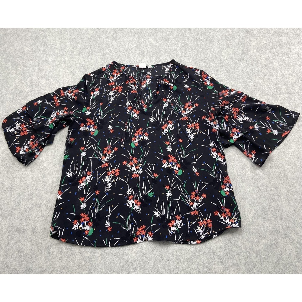 Gap Blouse Womens Medium Black Floral 3/4 Bell Sleeve Ruffle Top Lightweight